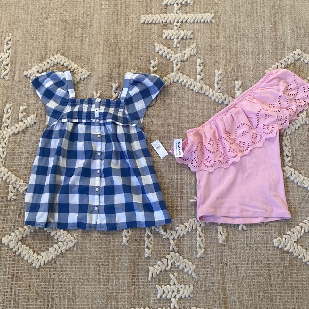 2 NEW Old Navy XS top pink embroidered blue white gingham extra small NWT